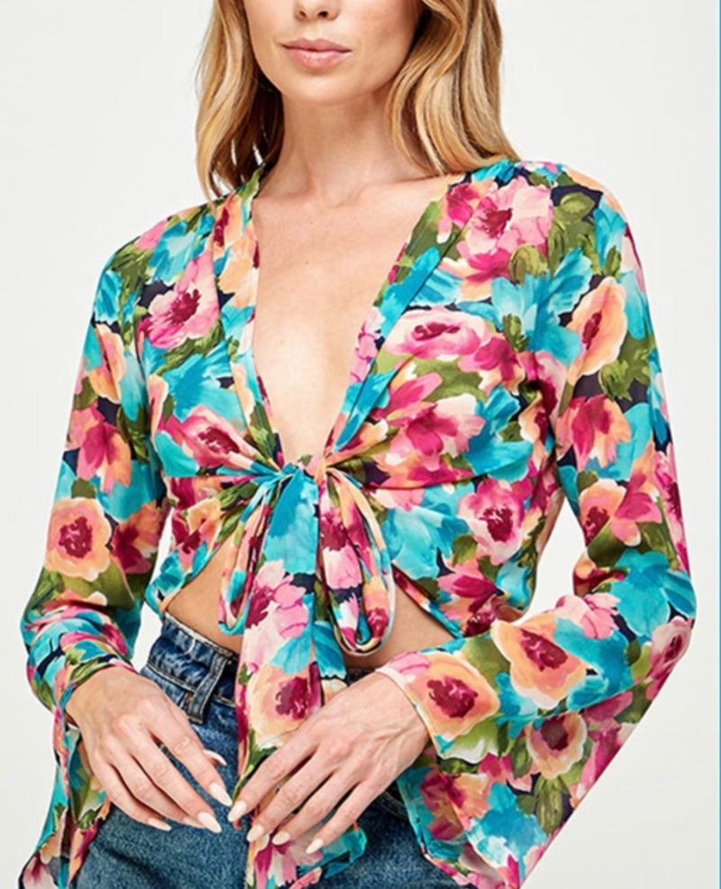 Multi Floral Bell Sleeve Cardigan