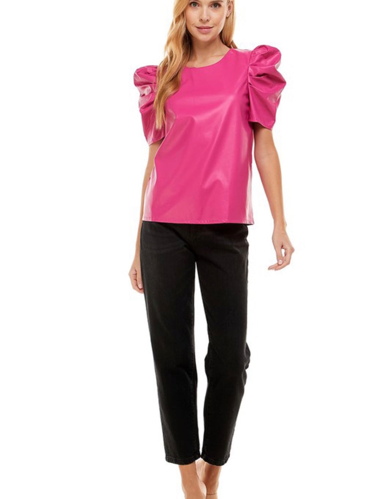 Magenta Leather Puffy Sleeve Top