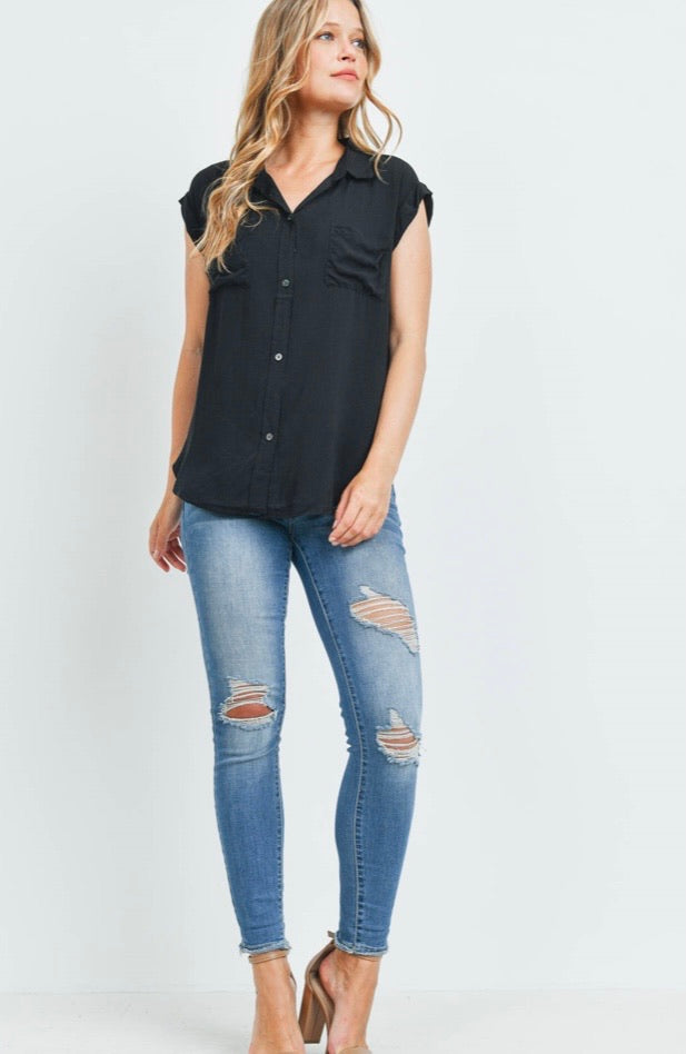 Button Down Collar Sleeveless Top
