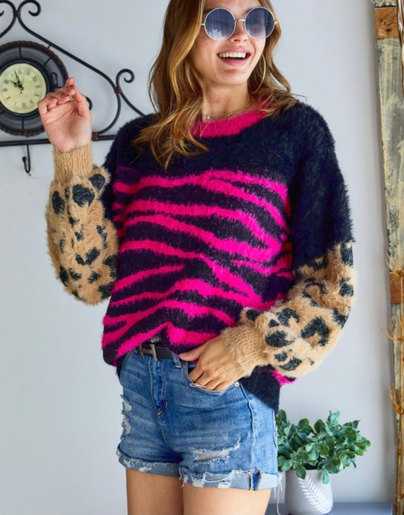 Multi Print Fuchsia Sweater