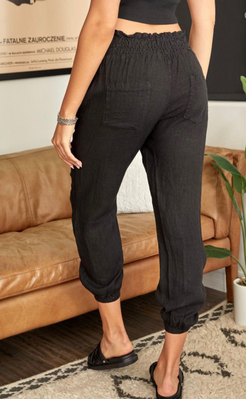 Black Smock Waist Linen Joggers