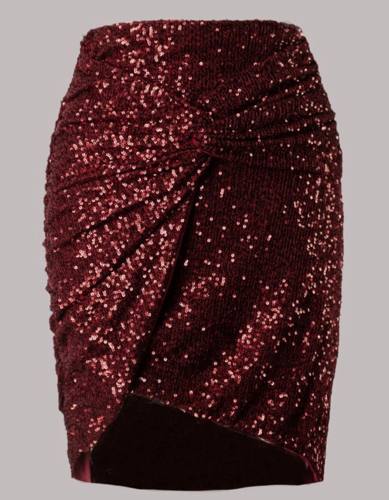Burgundy Twist Front Sequins Skirt