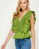 Smocked V Neck Ruffle Top