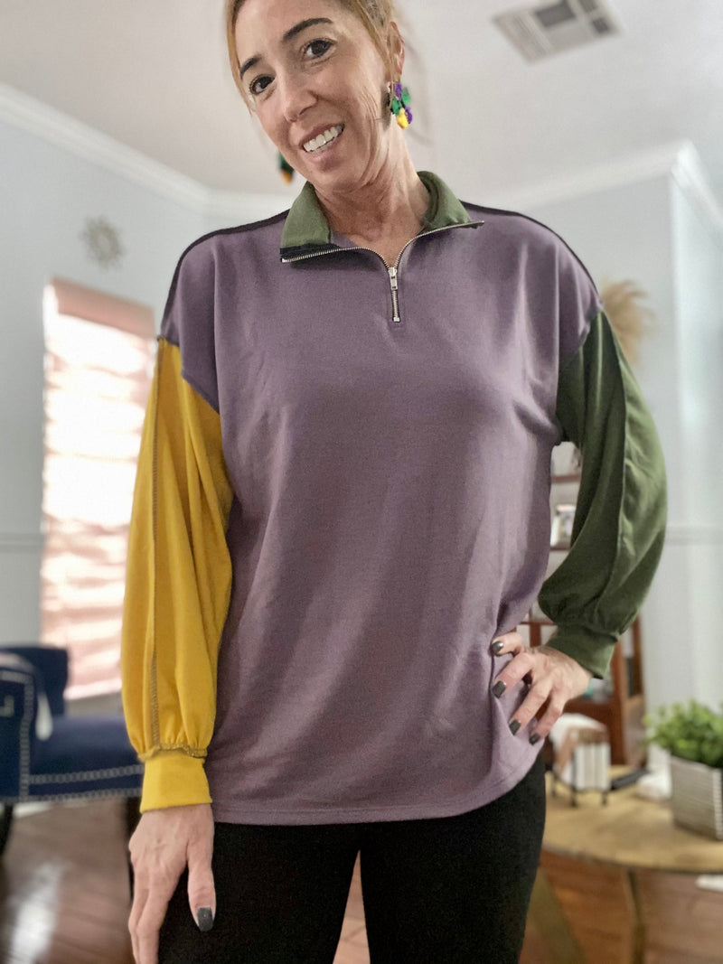 Tri Color Zip Up Mardi Gras Top