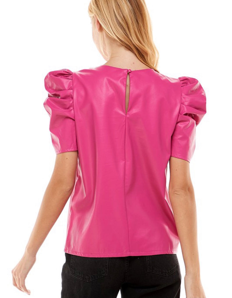 Magenta Leather Puffy Sleeve Top