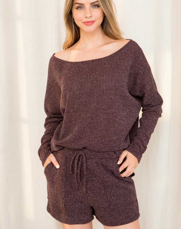 Plum striped knit short set