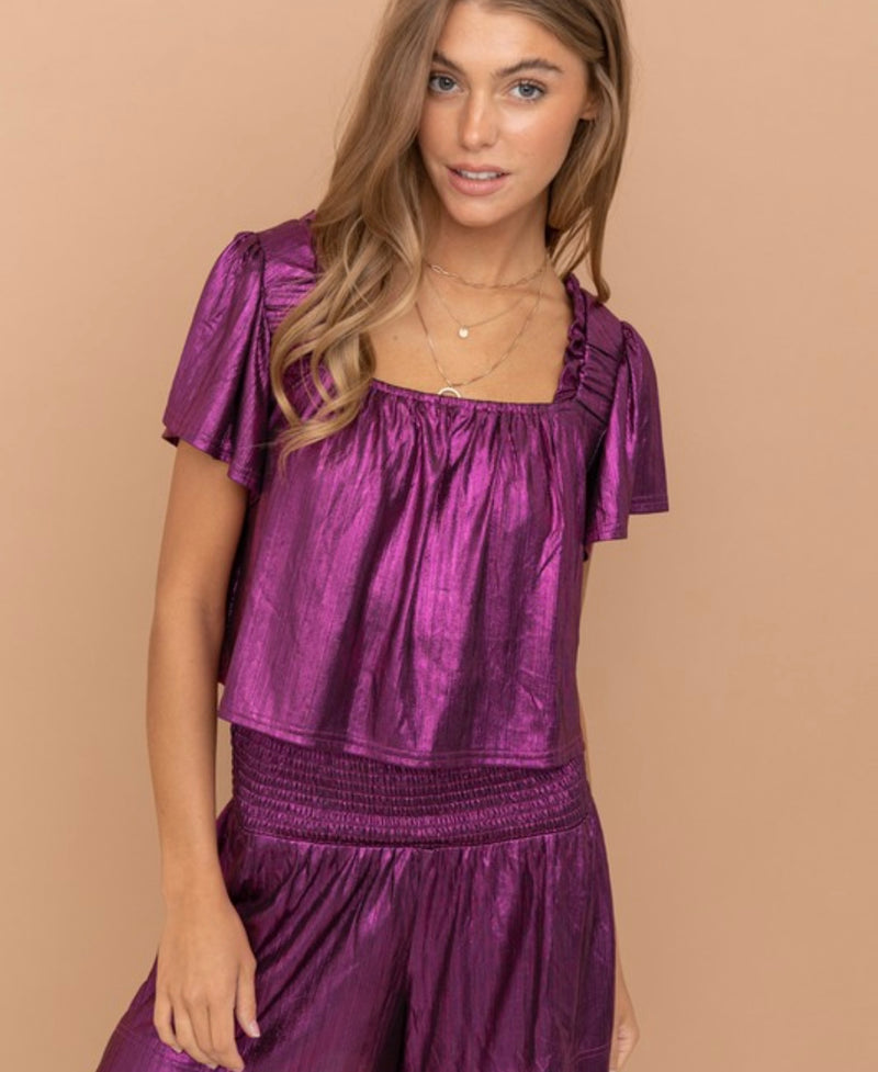 Purple Metallic Ruffle Top Short Set