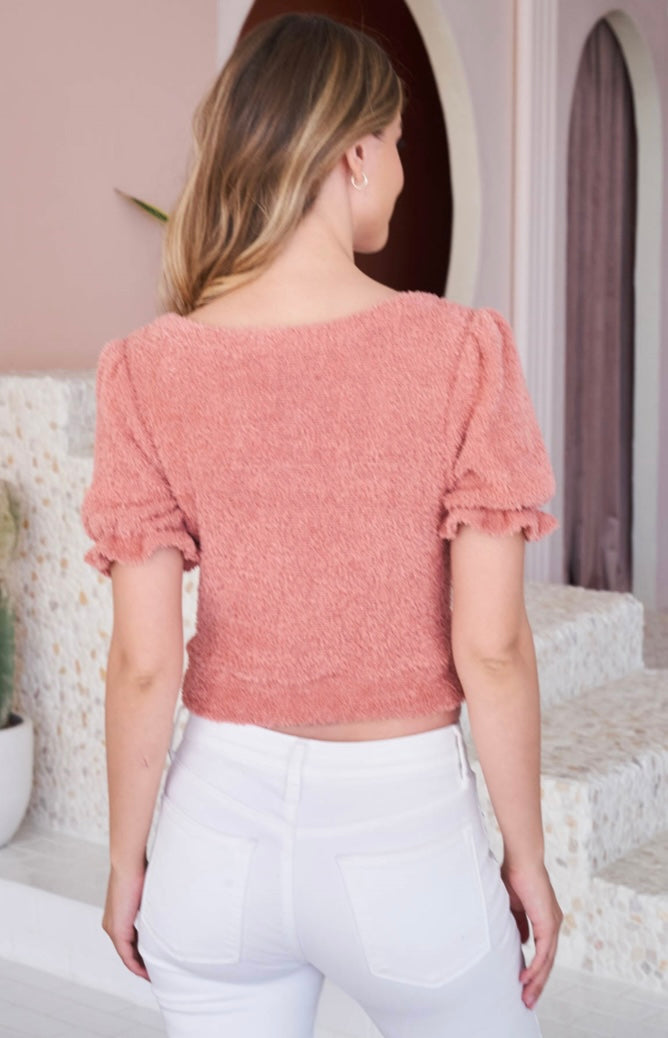 Coral Pink Puffy Sleeve Crop Top