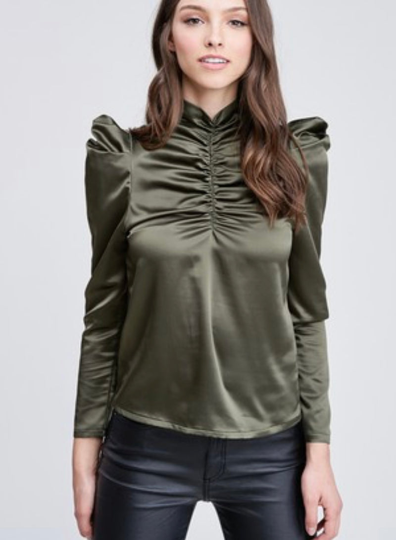 Olive Ruched Satin Top