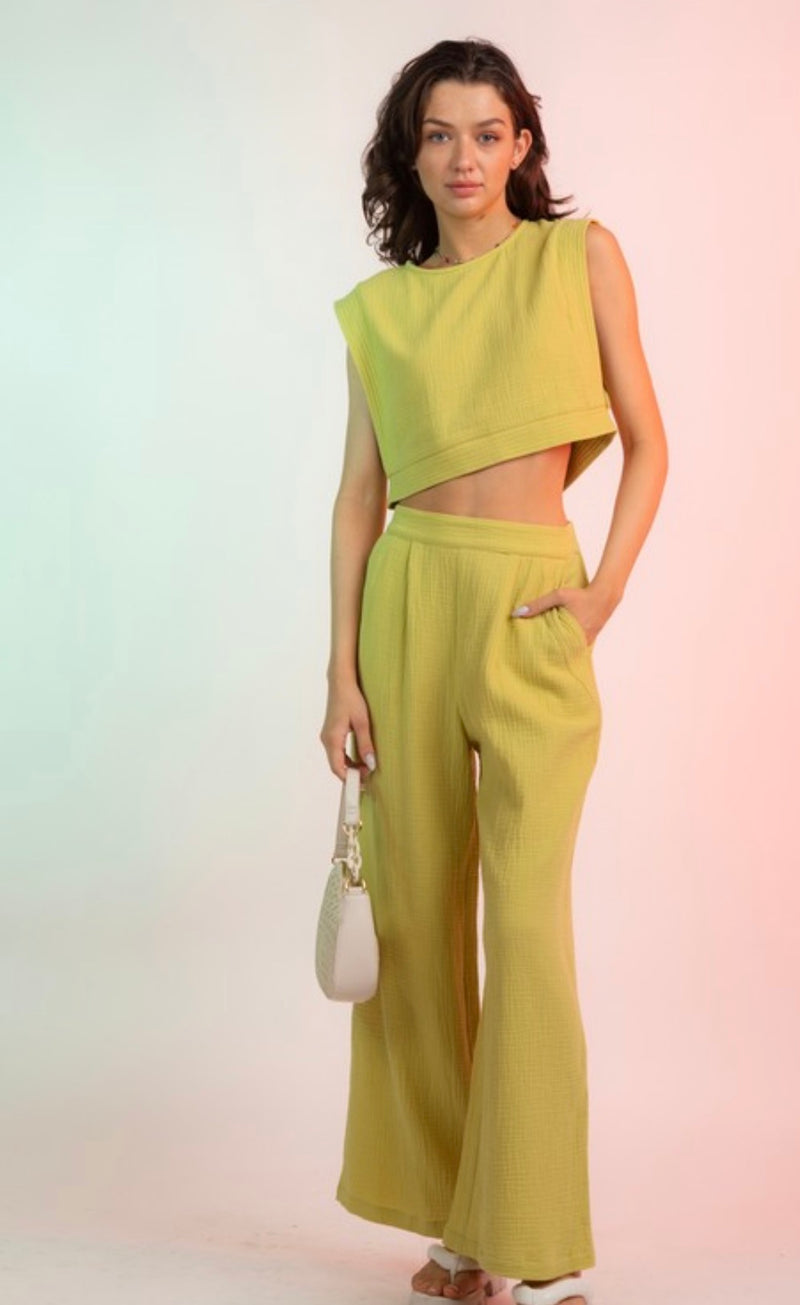 Lime Quilted Pocket Wide Pants