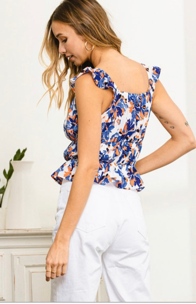 Blue Floral Tiered Ruffle Top