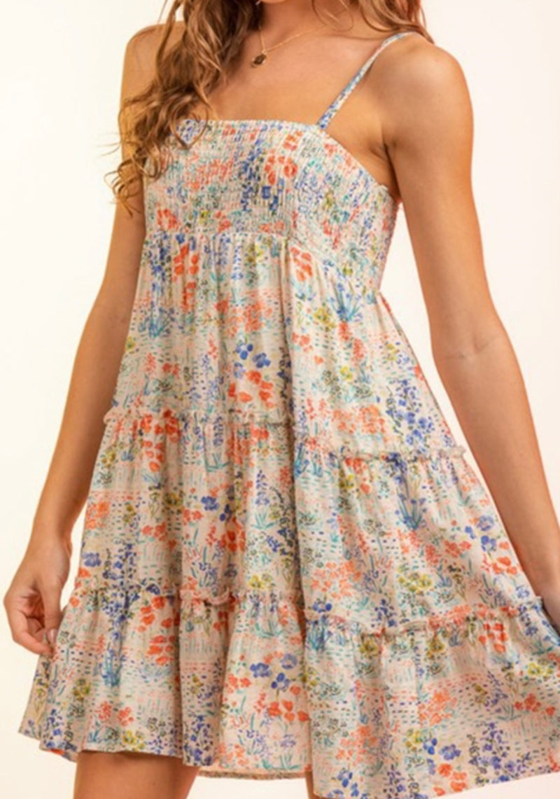 Blue Mix Floral Smock Dress