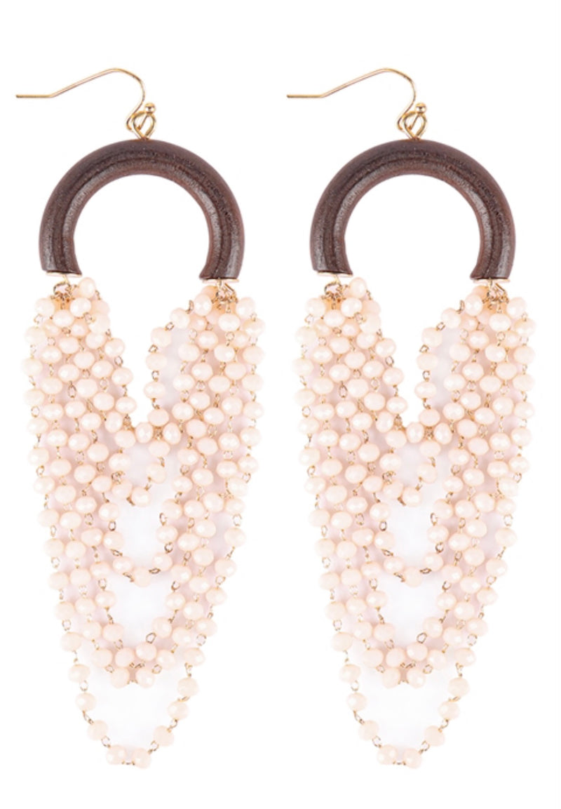 Tiny Pearl Beaded Wood Statement Earrings