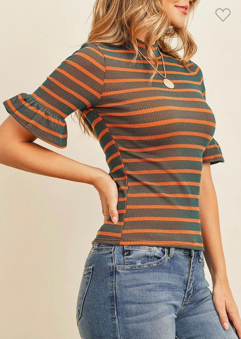 Ruffle Stripe Hunter Green Top