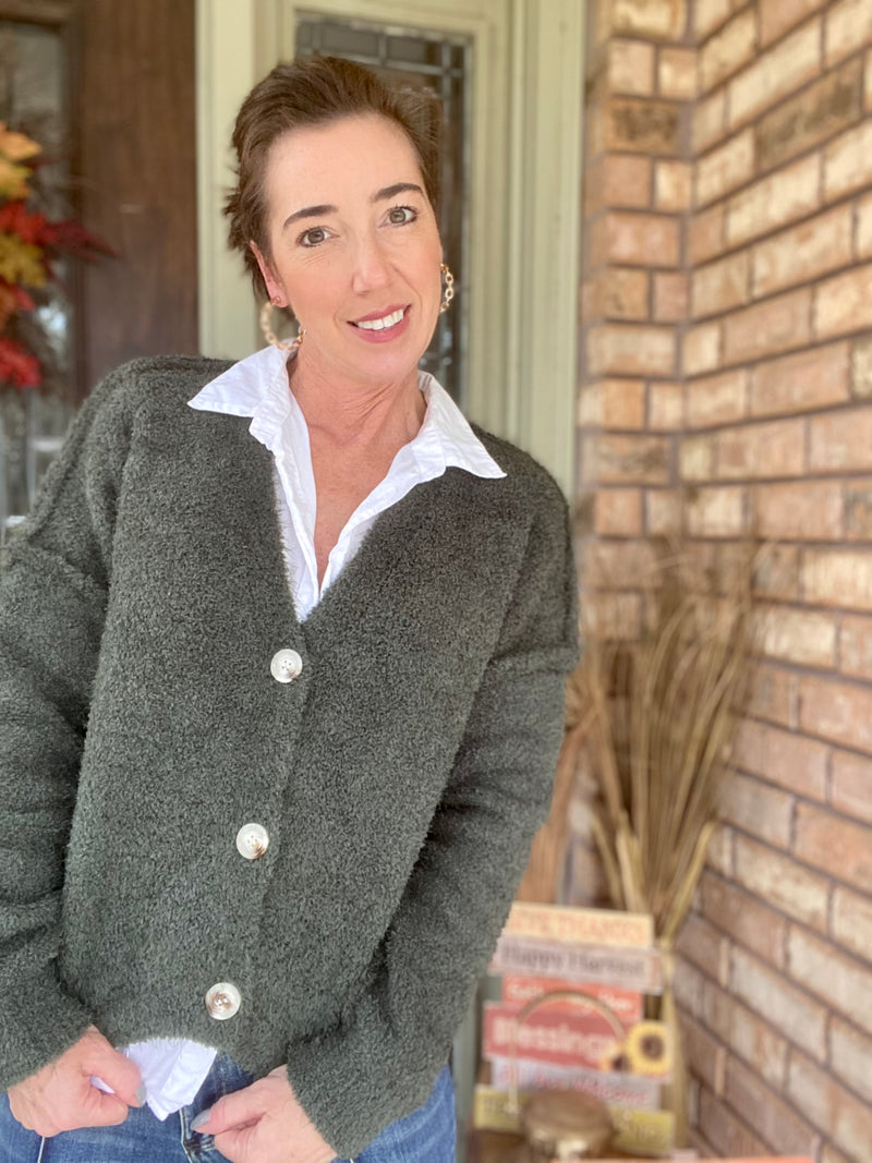 Fuzzy Pine Button Cardigan