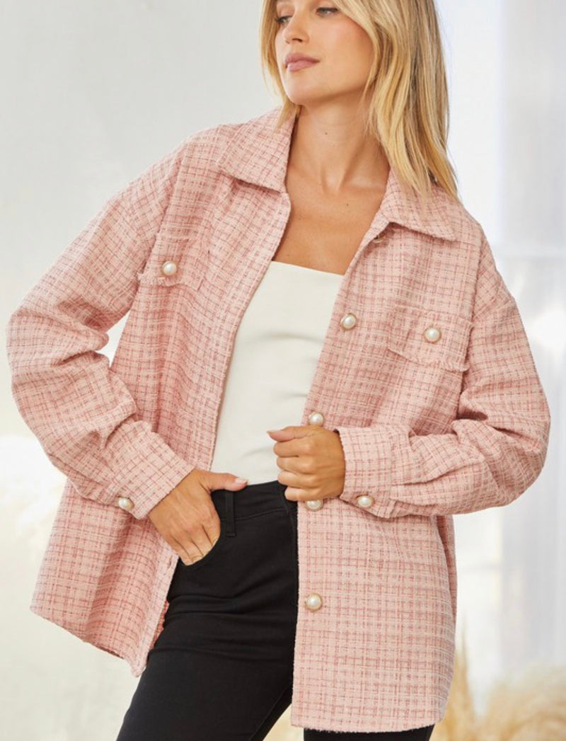 Tweed Blush Pearl Button Shacket