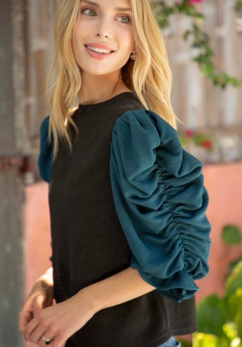 Teal Black Puff Sleeve Top
