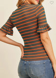 Ruffle Stripe Hunter Green Top