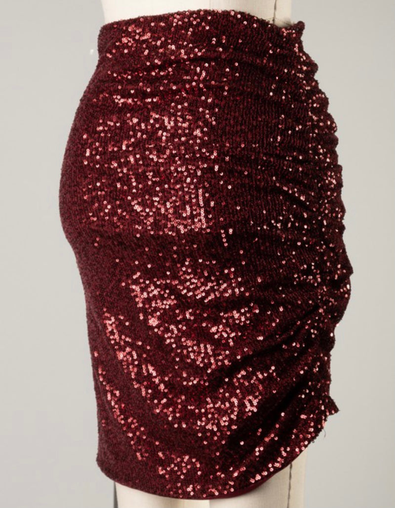 Burgundy Twist Front Sequins Skirt