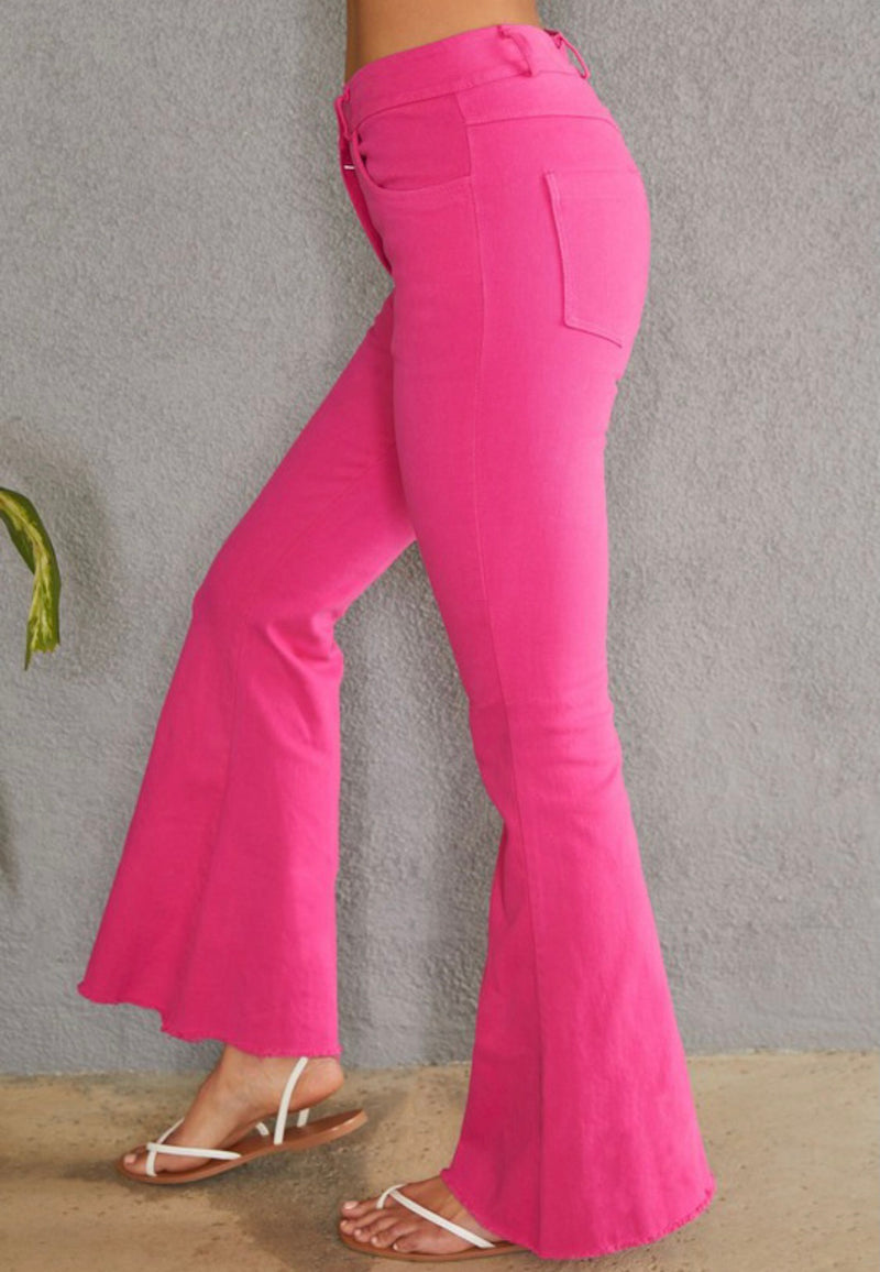 Fuchsia Raw Hem Flare Jeans