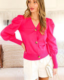 Hot Pink Puff Sleeve Button Sweater