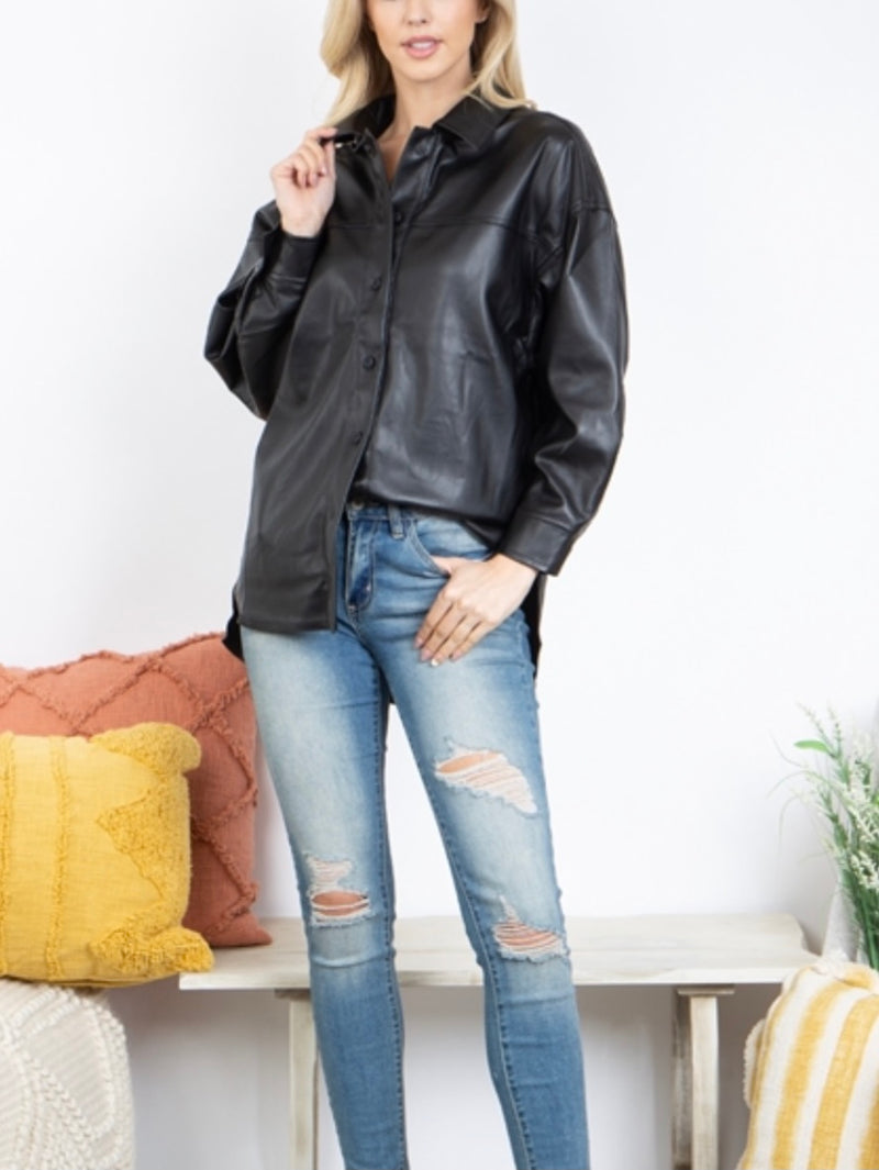 Black Leather Button Shacket