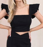 Black Open Button Back Ruffle Crop Top