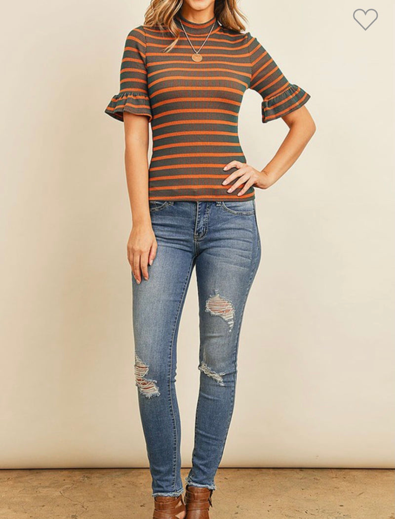 Ruffle Stripe Hunter Green Top