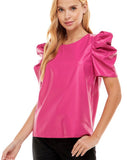 Magenta Leather Puffy Sleeve Top
