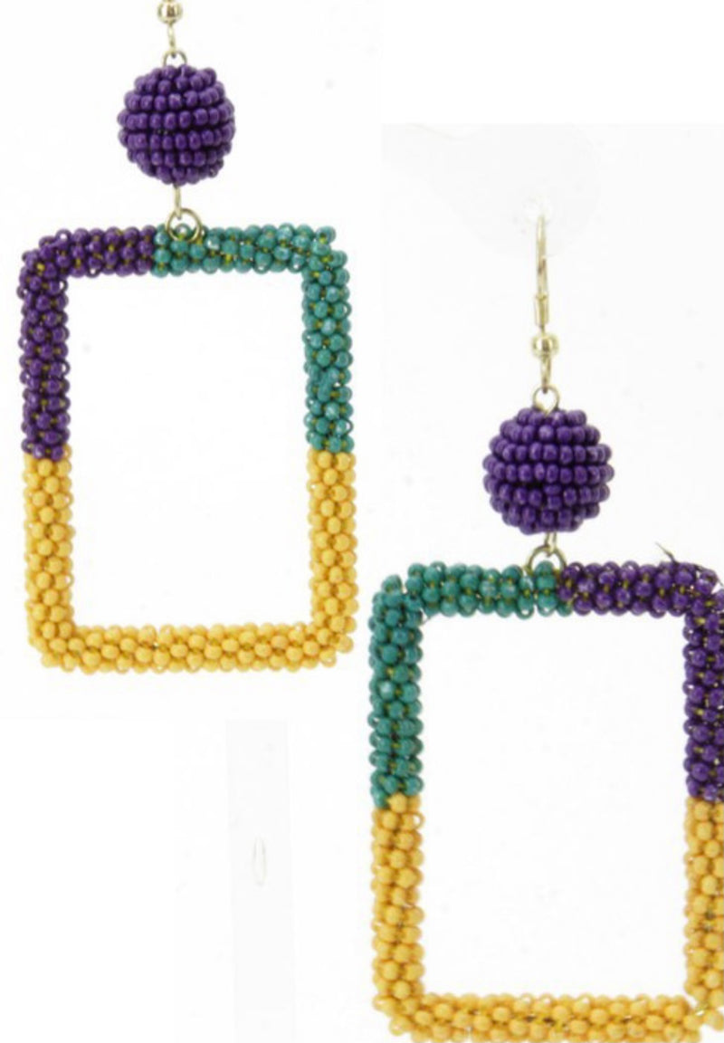 Beaded Square Mardi Gras Earrings