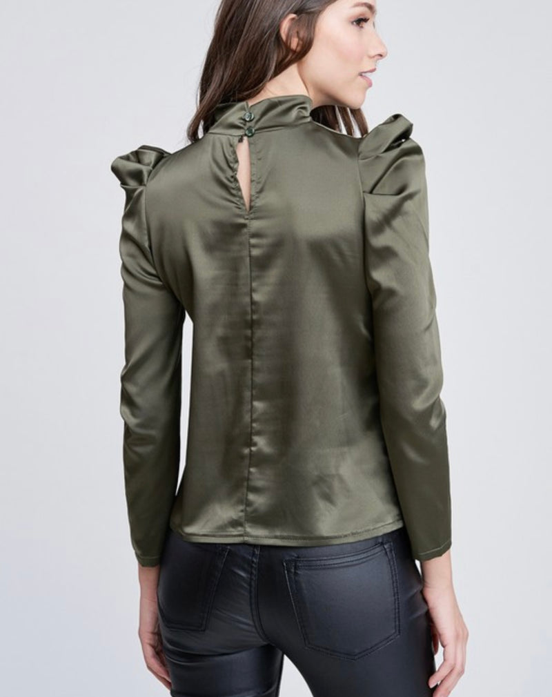 Olive Ruched Satin Top