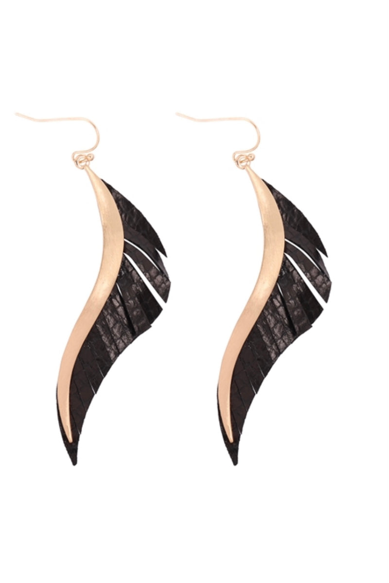 Satin Gold Black Leather Fringe Earrings