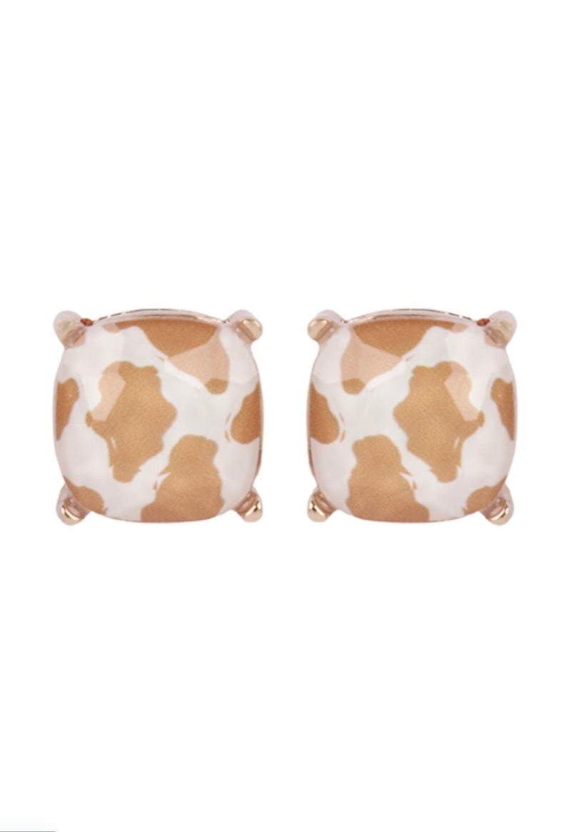 Tan Cow Glass Stud Earrings