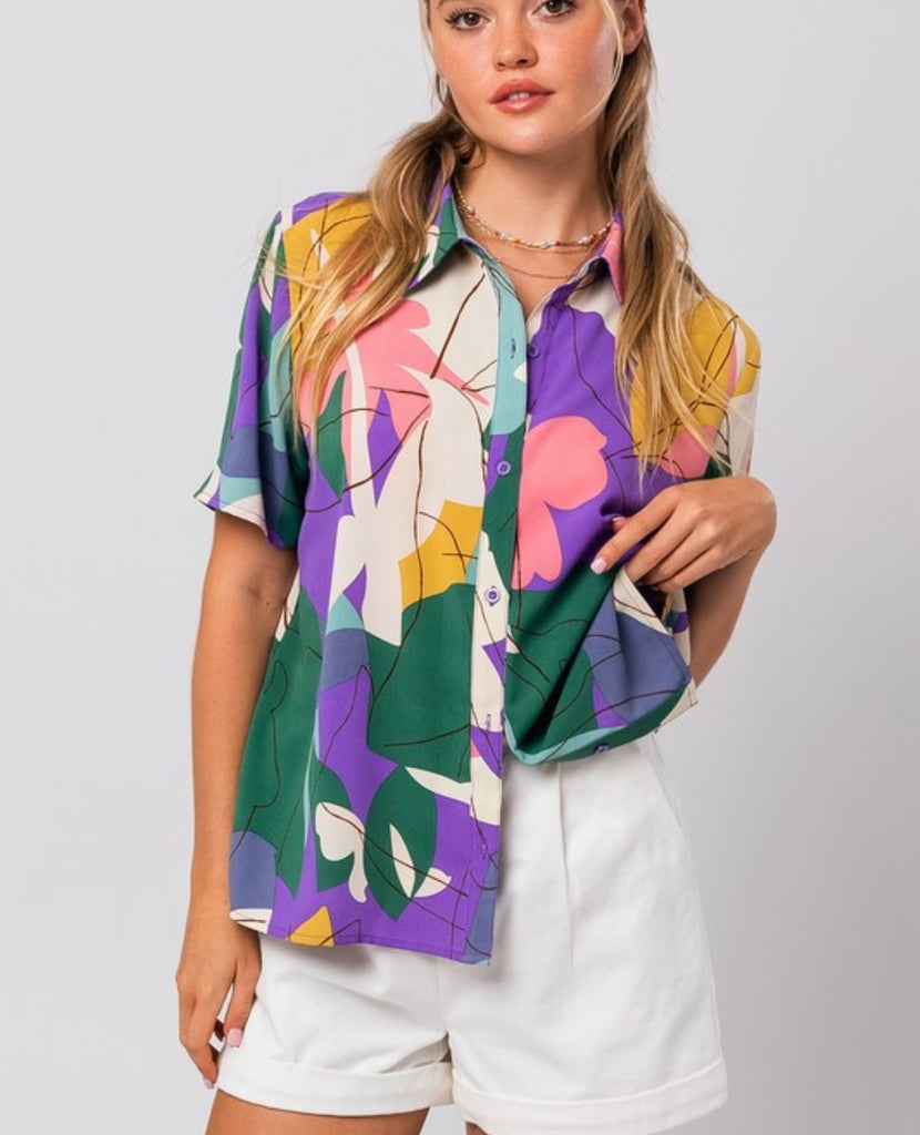 Abstract Purple Mix Button Down Top