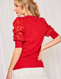 Red Puffy Lace Sleeve Sweater