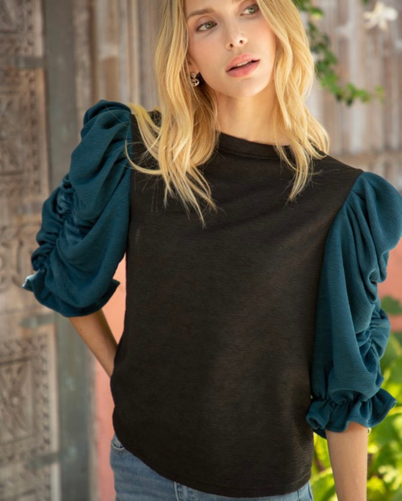 Teal Black Puff Sleeve Top