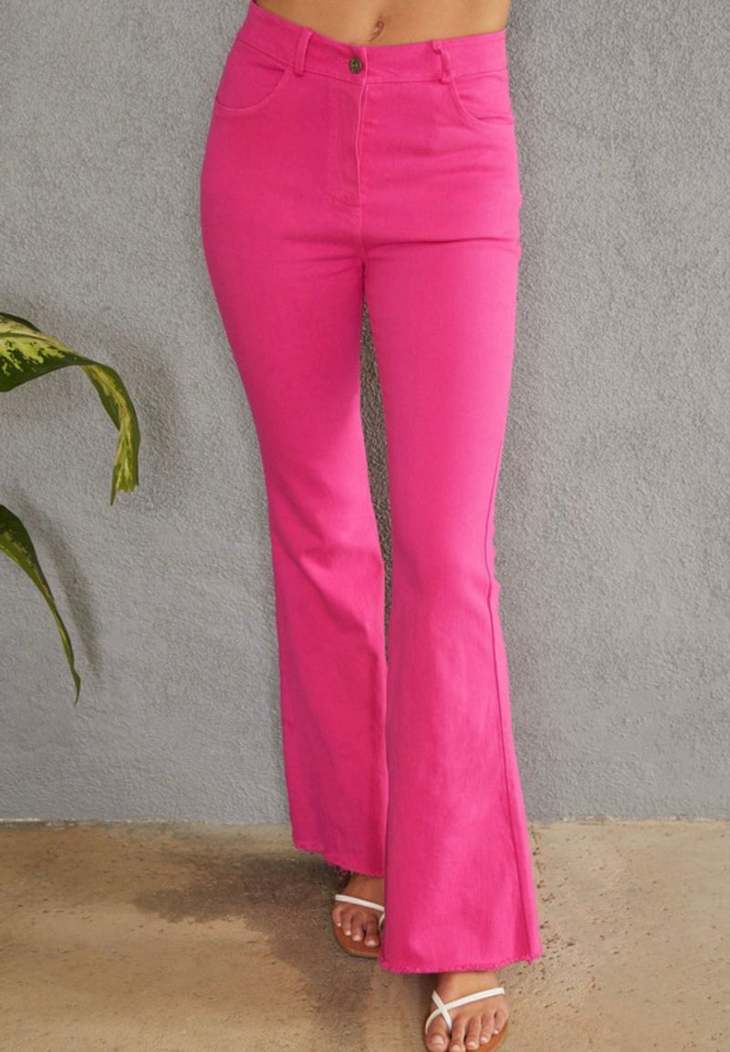 Fuchsia Raw Hem Flare Jeans