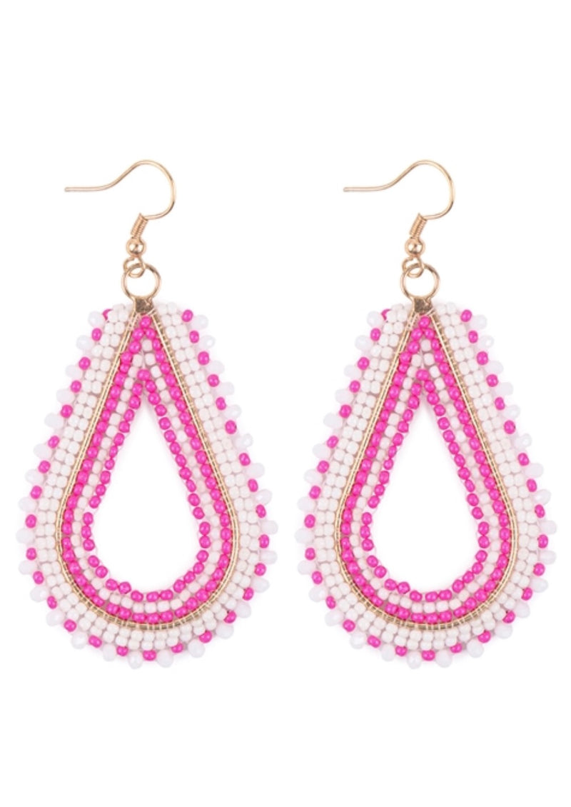 Hot Pink Teardrop Beaded Earrings