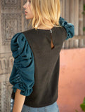 Teal Black Puff Sleeve Top